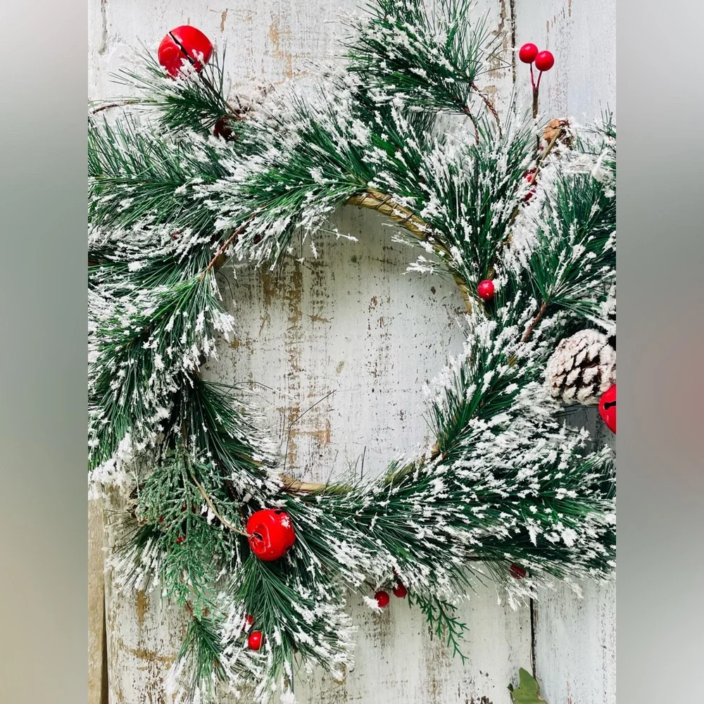 Snowy Pine w/Red Bells & Berries Wreath